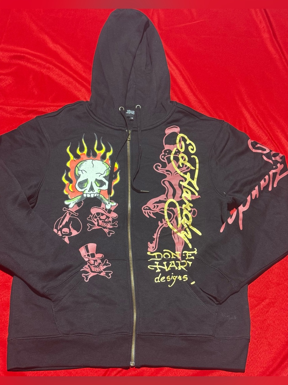 Ed Hardy Black Zip-Up Hoodie with Neon Flame Skull and Script Graphics